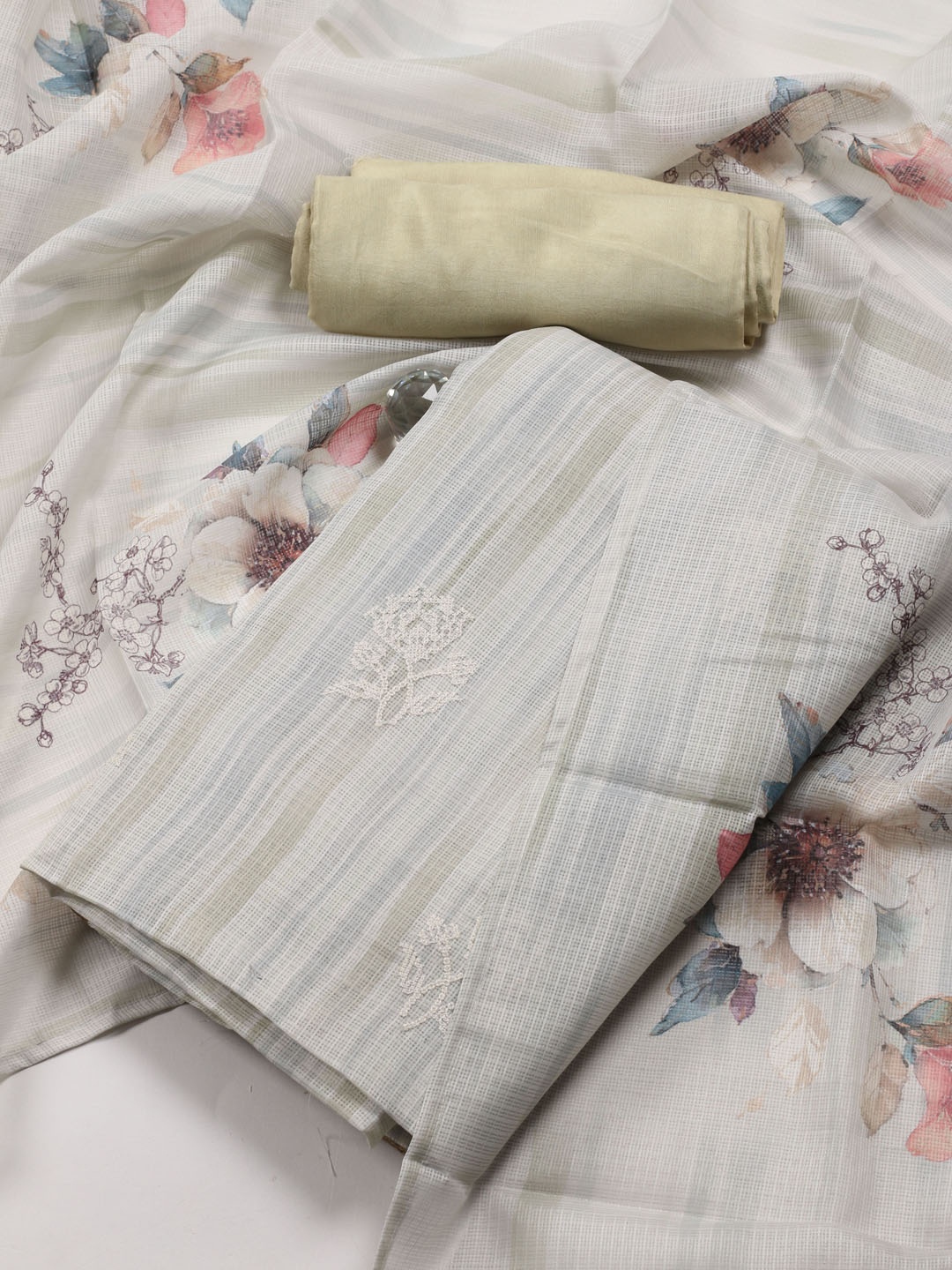 

Meena Bazaar Floral Embroidered Unstitched Dress Material, Beige