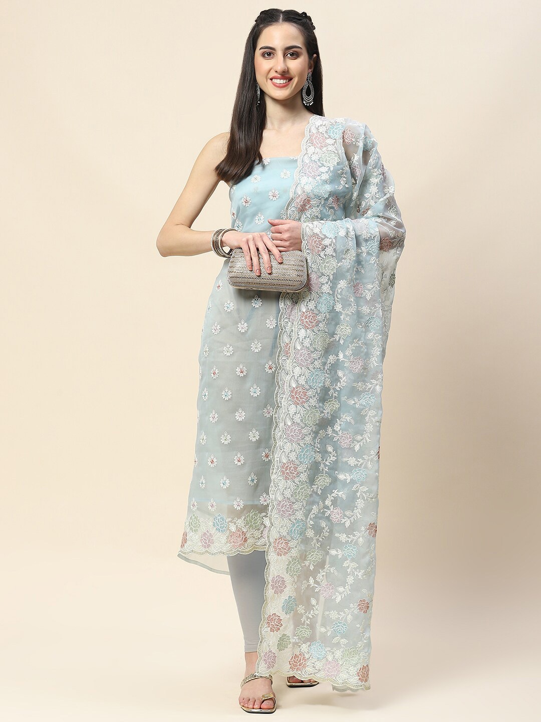 

Meena Bazaar Floral Embroidered Unstitched Dress Material, Blue