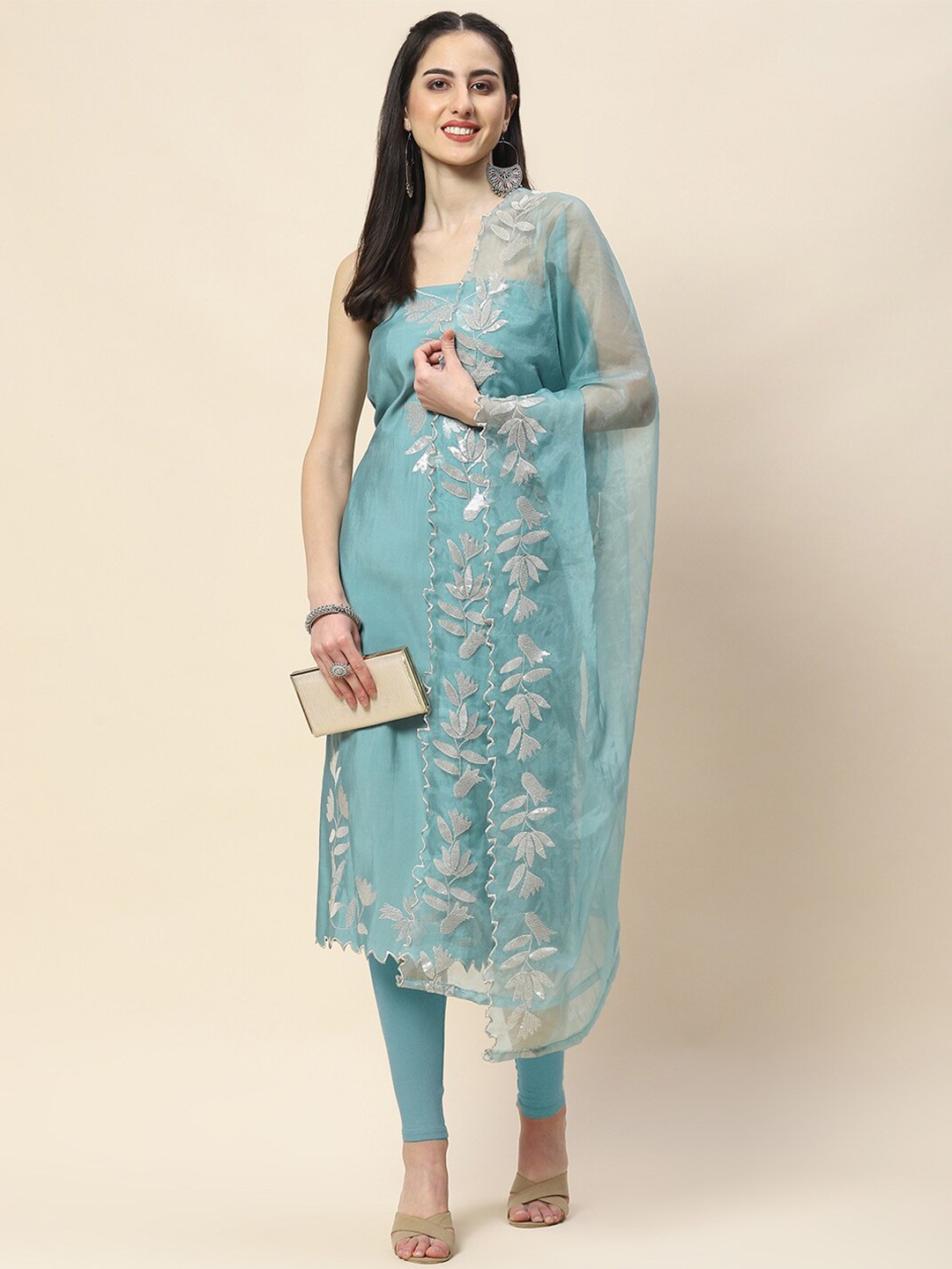 

Meena Bazaar Floral Embroidered Sequinned Unstitched Dress Material, Sea green