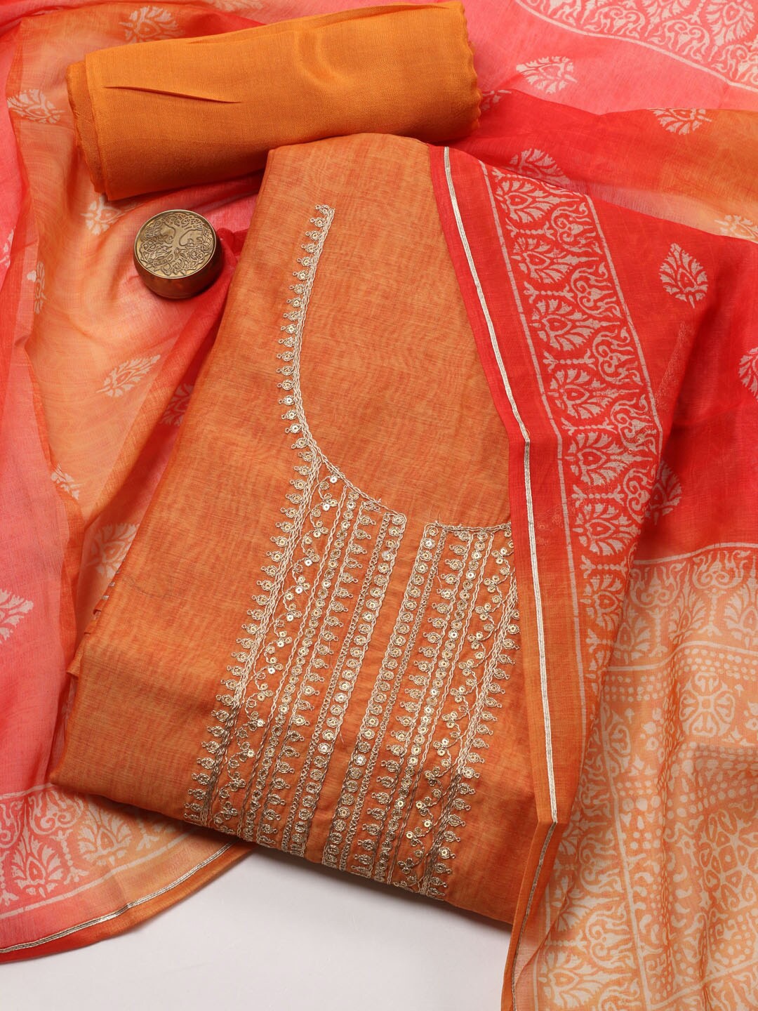 

Meena Bazaar Floral Embroidered Art Silk Unstitched Dress Material, Mustard