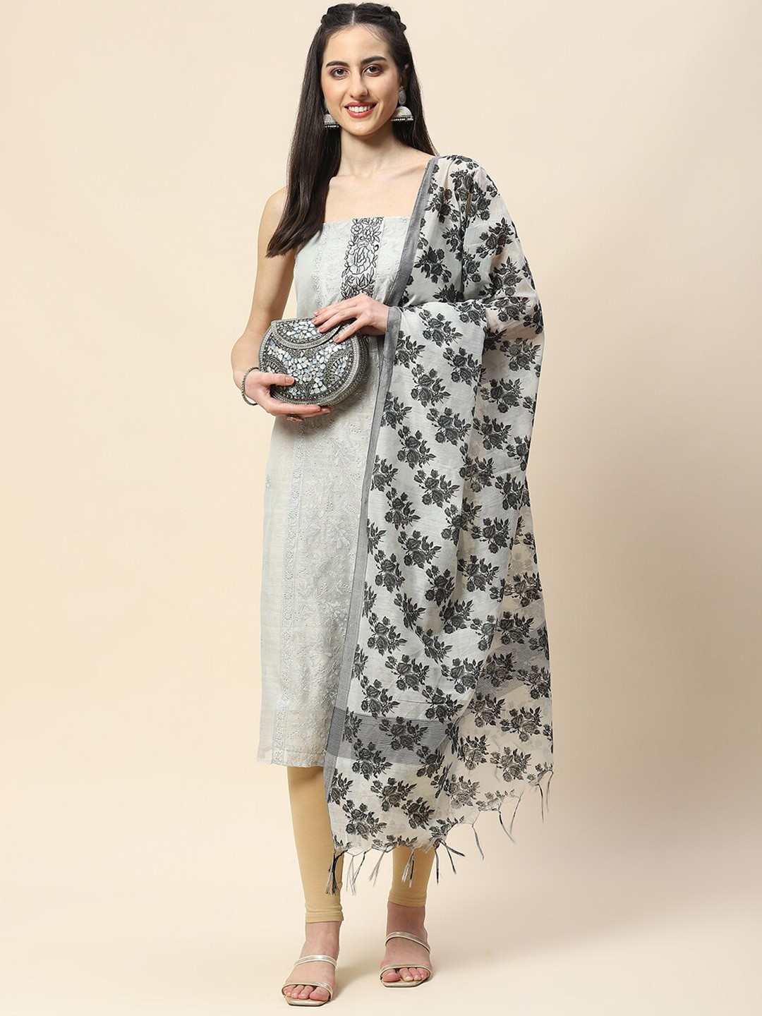 

Meena Bazaar Floral Embroidered Art Silk Unstitched Dress Material, Grey