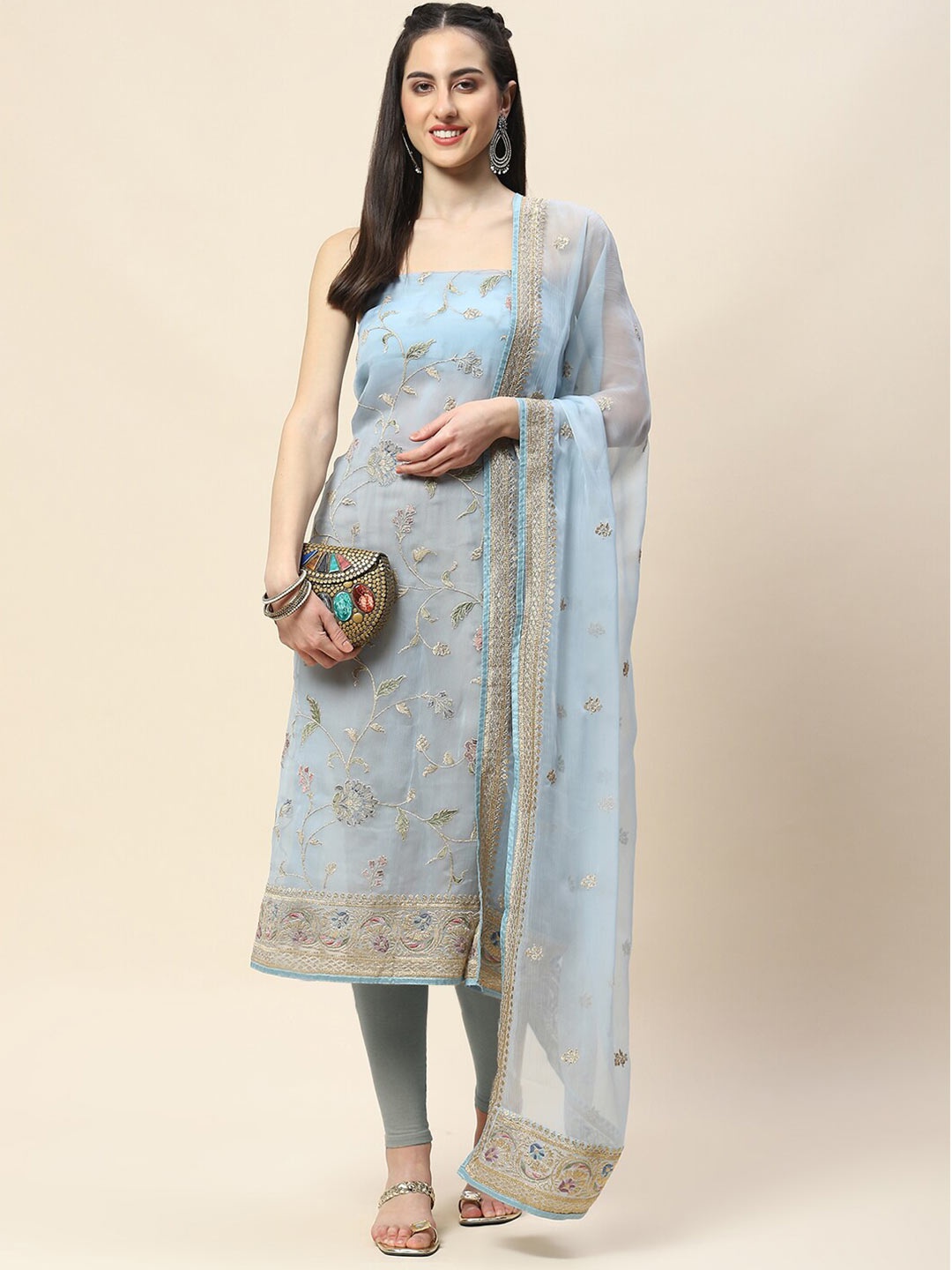 

Meena Bazaar Floral Embroidered Zari Unstitched Dress Material, Blue