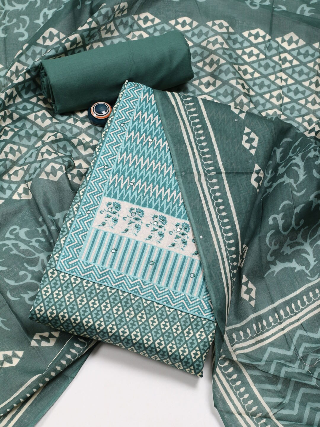 

Meena Bazaar Geometric Printed Mirror Work Unstitched Dress Material, Green