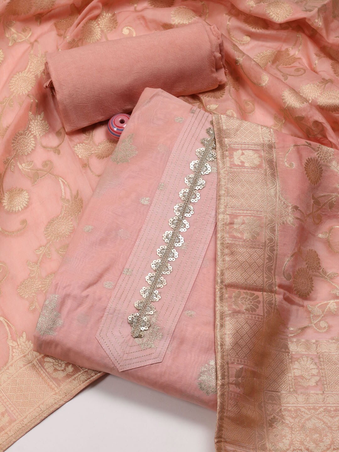 

Meena Bazaar Floral Woven Design Sequinned Unstitched Dress Material, Peach
