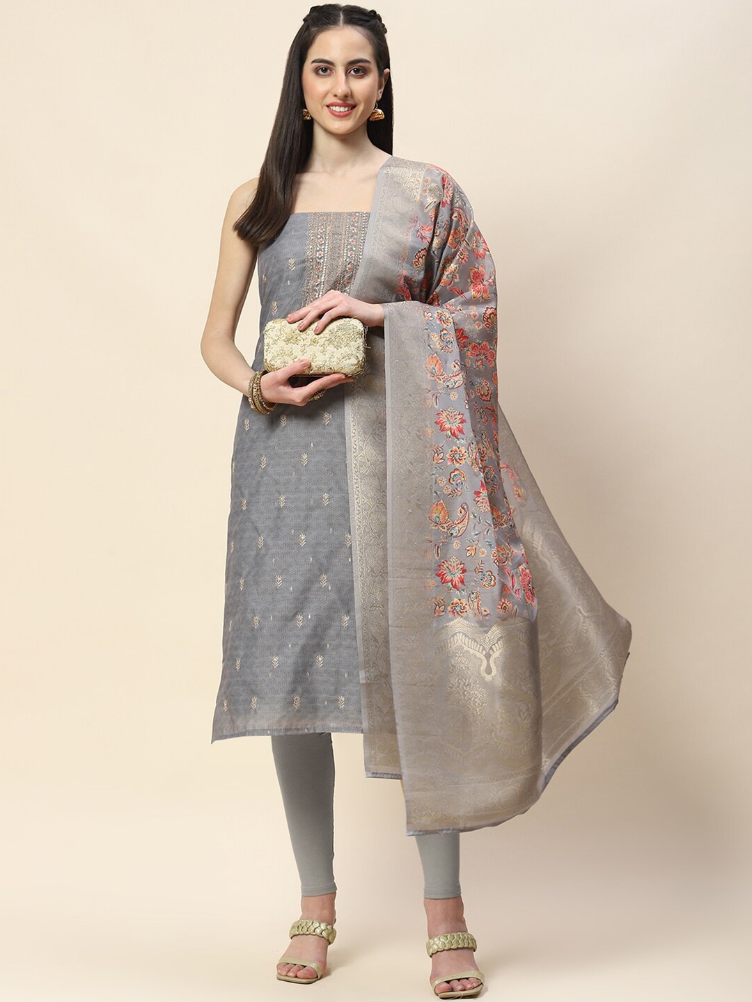 

Meena Bazaar Floral Printed Unstitched Dress Material, Grey
