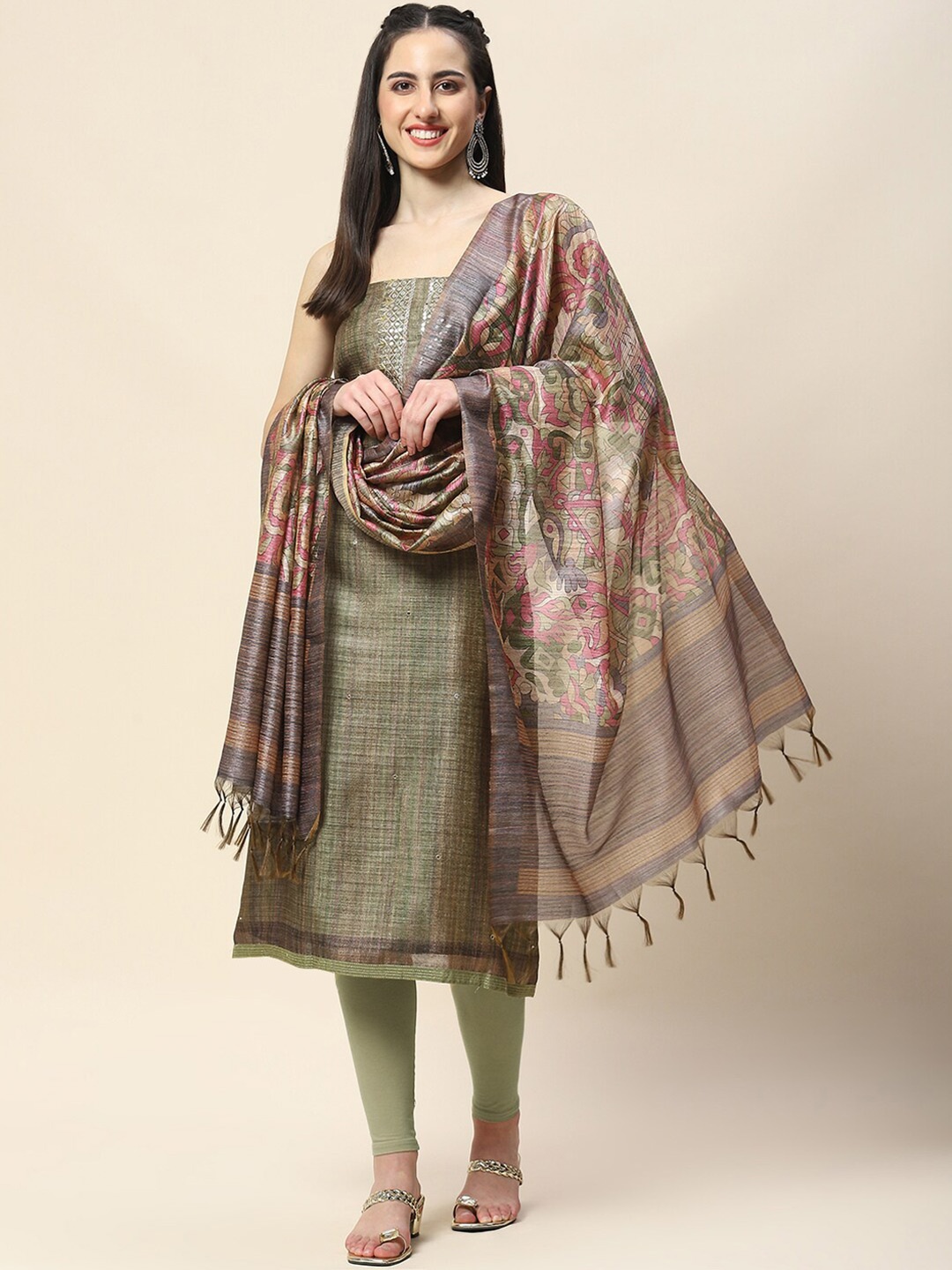 

Meena Bazaar Ethnic Motifs Yoke Design Mirror Work Unstitched Dress Material, Green
