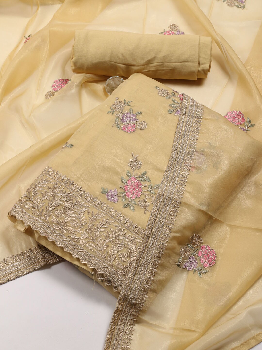 

Meena Bazaar Floral Embroidered Unstitched Dress Material, Yellow
