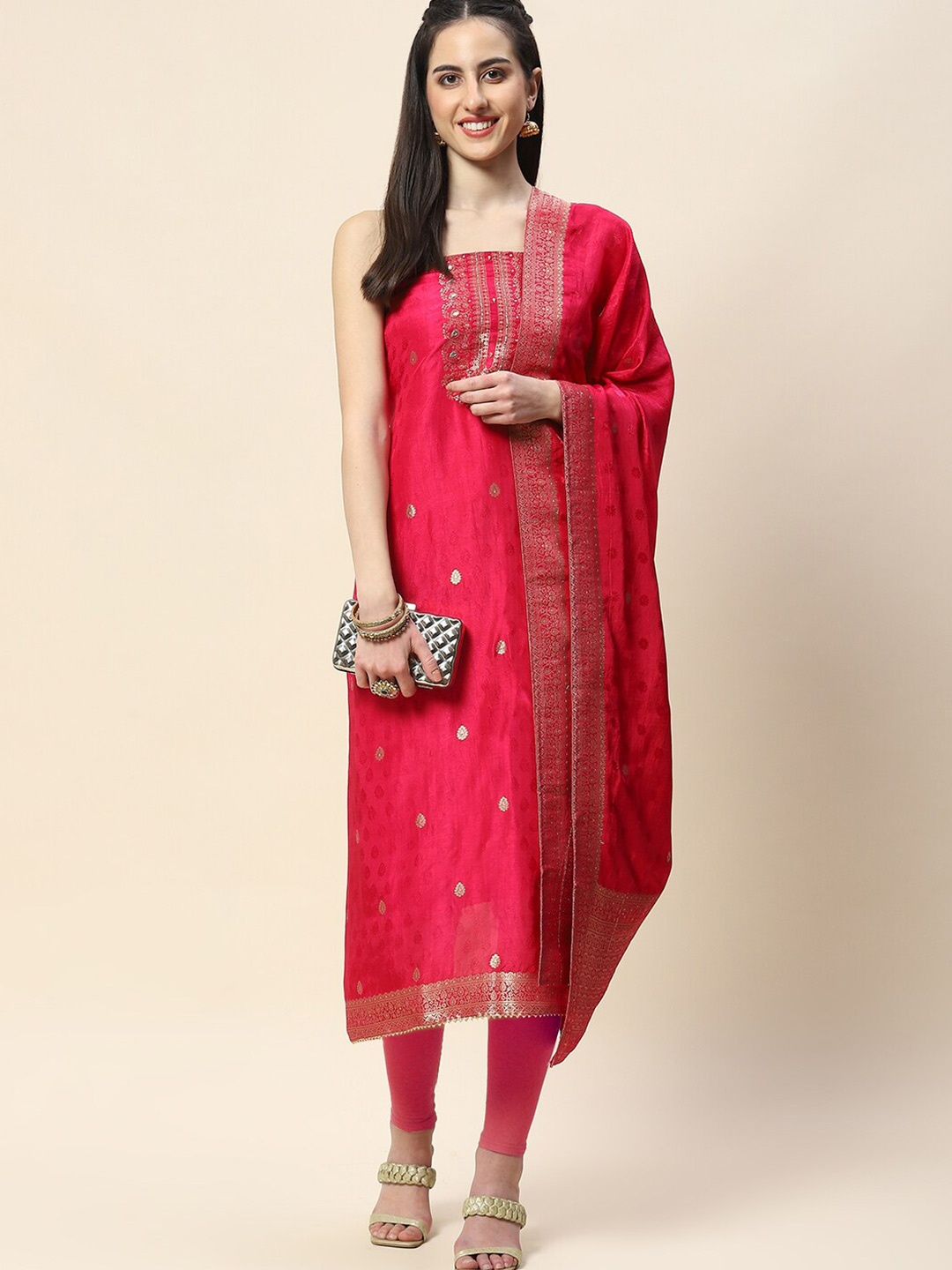 

Meena Bazaar Ethnic Motifs Woven Design Sequinned Unstitched Dress Material, Pink