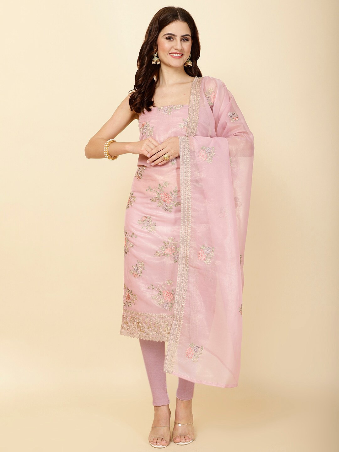 

Meena Bazaar Floral Embroidered Unstitched Dress Material, Pink