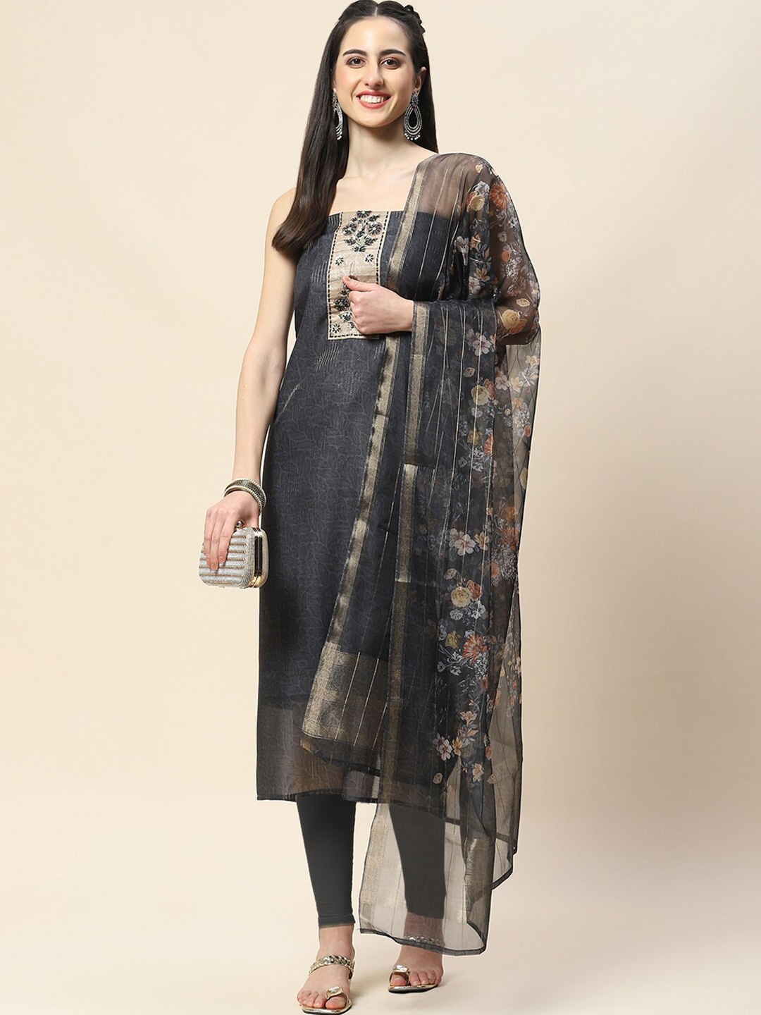 

Meena Bazaar Ethnic Motifs Printed Unstitched Dress Material, Grey