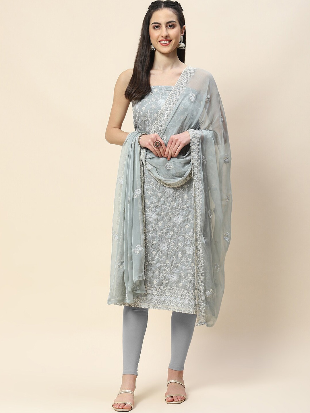 

Meena Bazaar Floral Embroidered Unstitched Dress Material, Grey