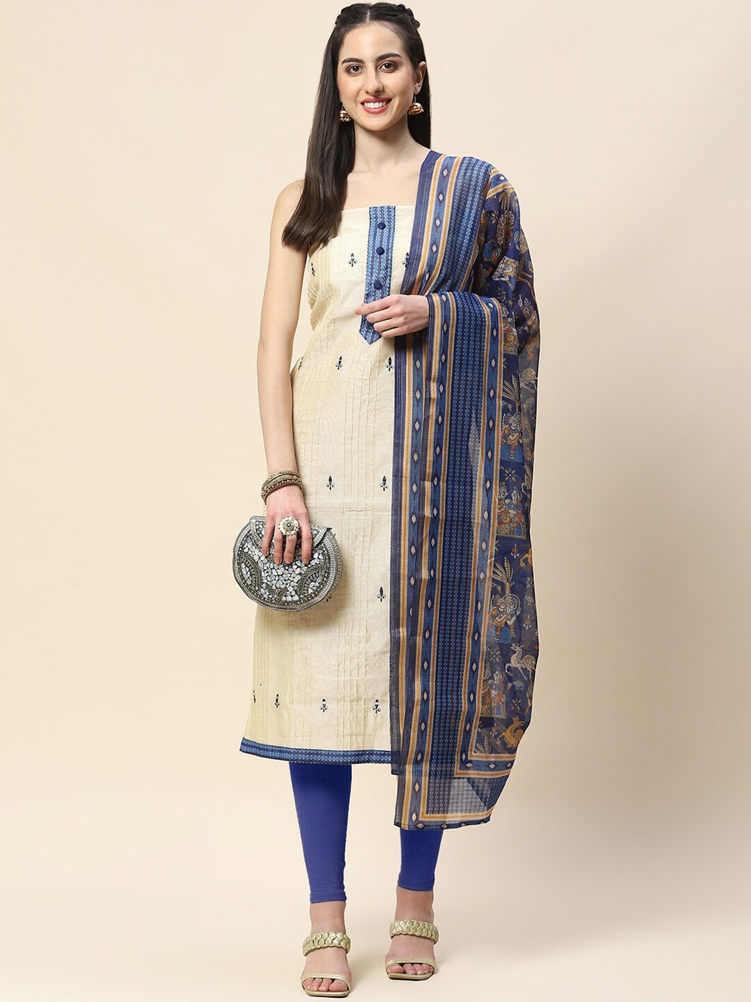 

Meena Bazaar Ethnic Motifs Printed Unstitched Dress Material, Cream