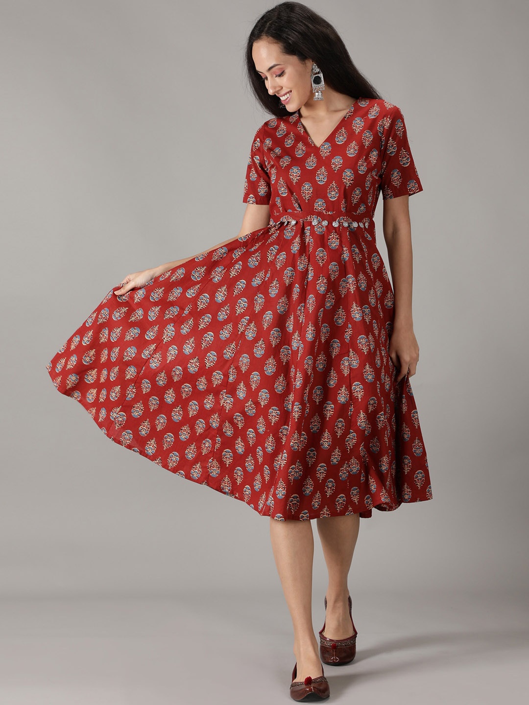 

KASYA Ethnic Motifs Printed Cotton Fit & Flare Mid Ethnic Dress With Belt, Maroon