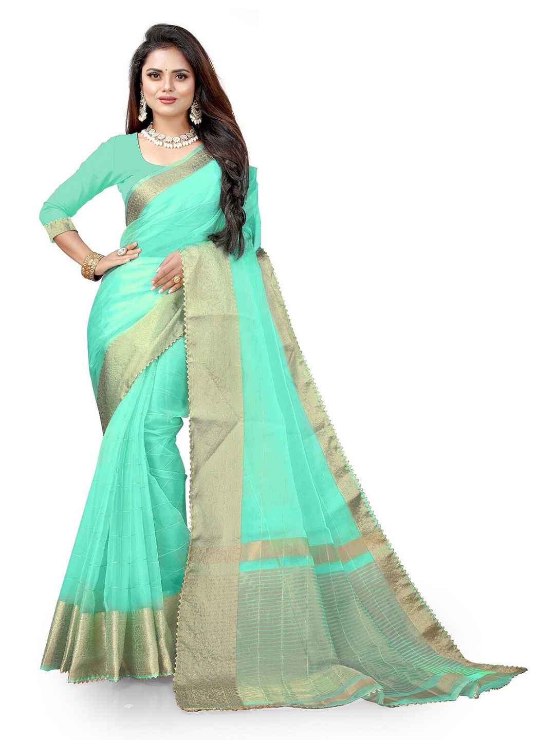 

Pemal Designer Striped Zari Organza Saree, Sea green