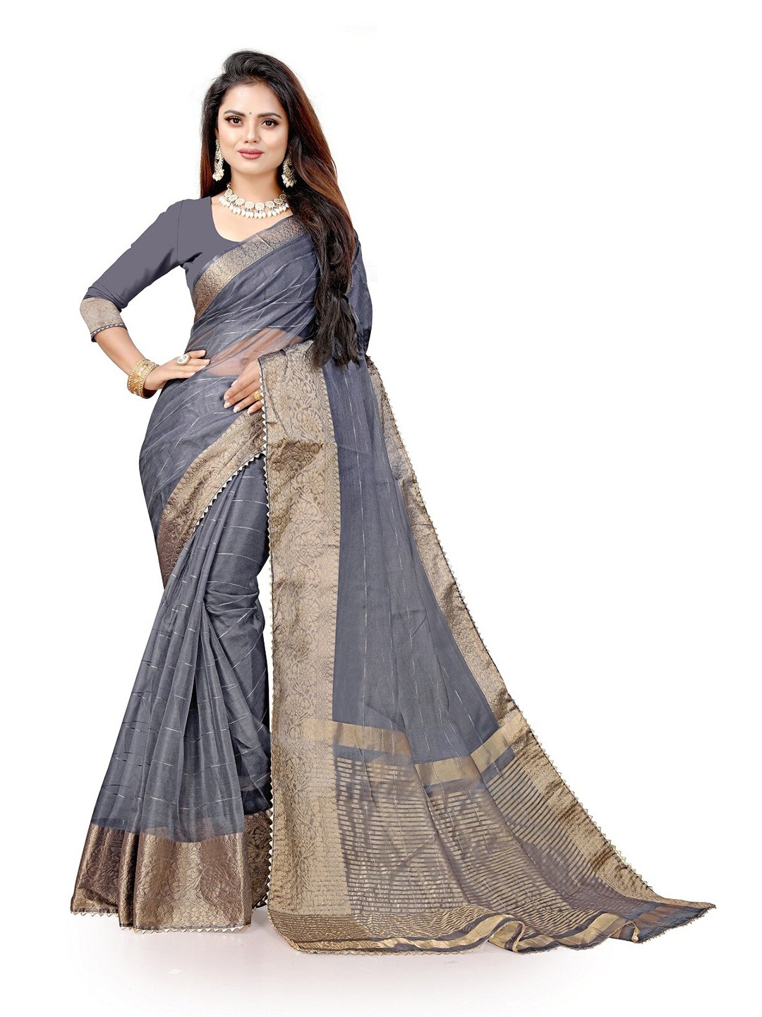 

Pemal Designer Striped Zari Organza Saree, Grey