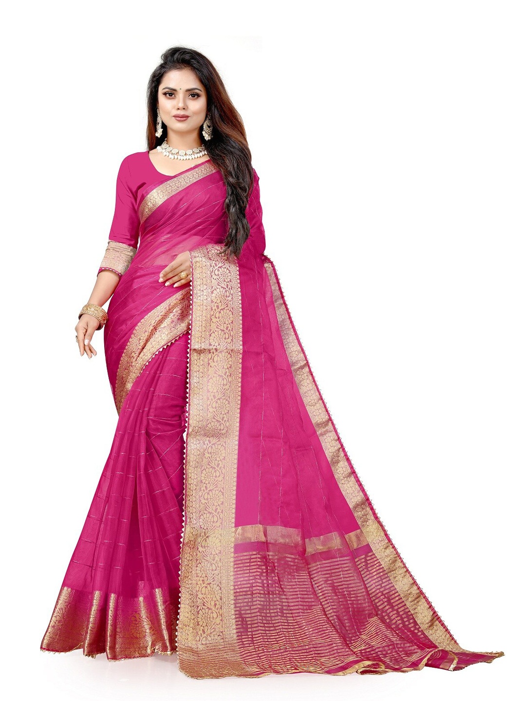 

Pemal Designer Striped Zari Organza Saree, Pink