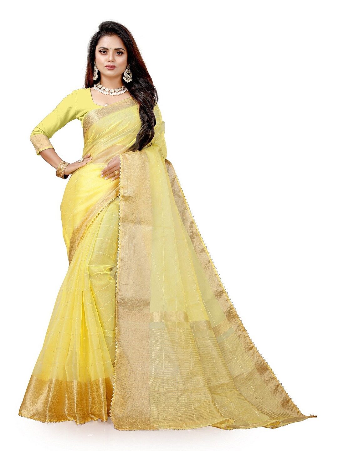 

Pemal Designer Striped Zari Organza Saree, Yellow