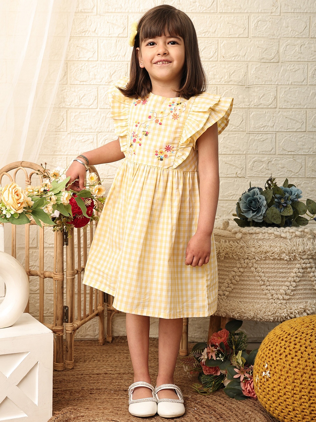 

Beebay Girls Bumble Bee Embroidered Gingham Check Dress, Yellow