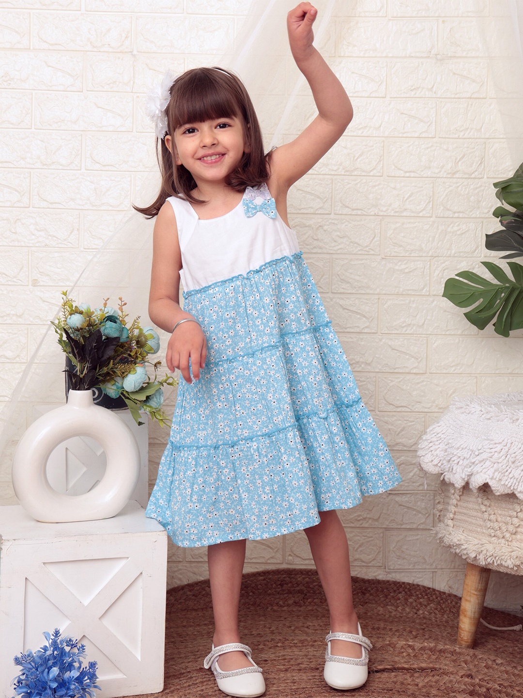 

Beebay Girls Daisy Print Tiered Fit & Flare Dress with Bows, Blue