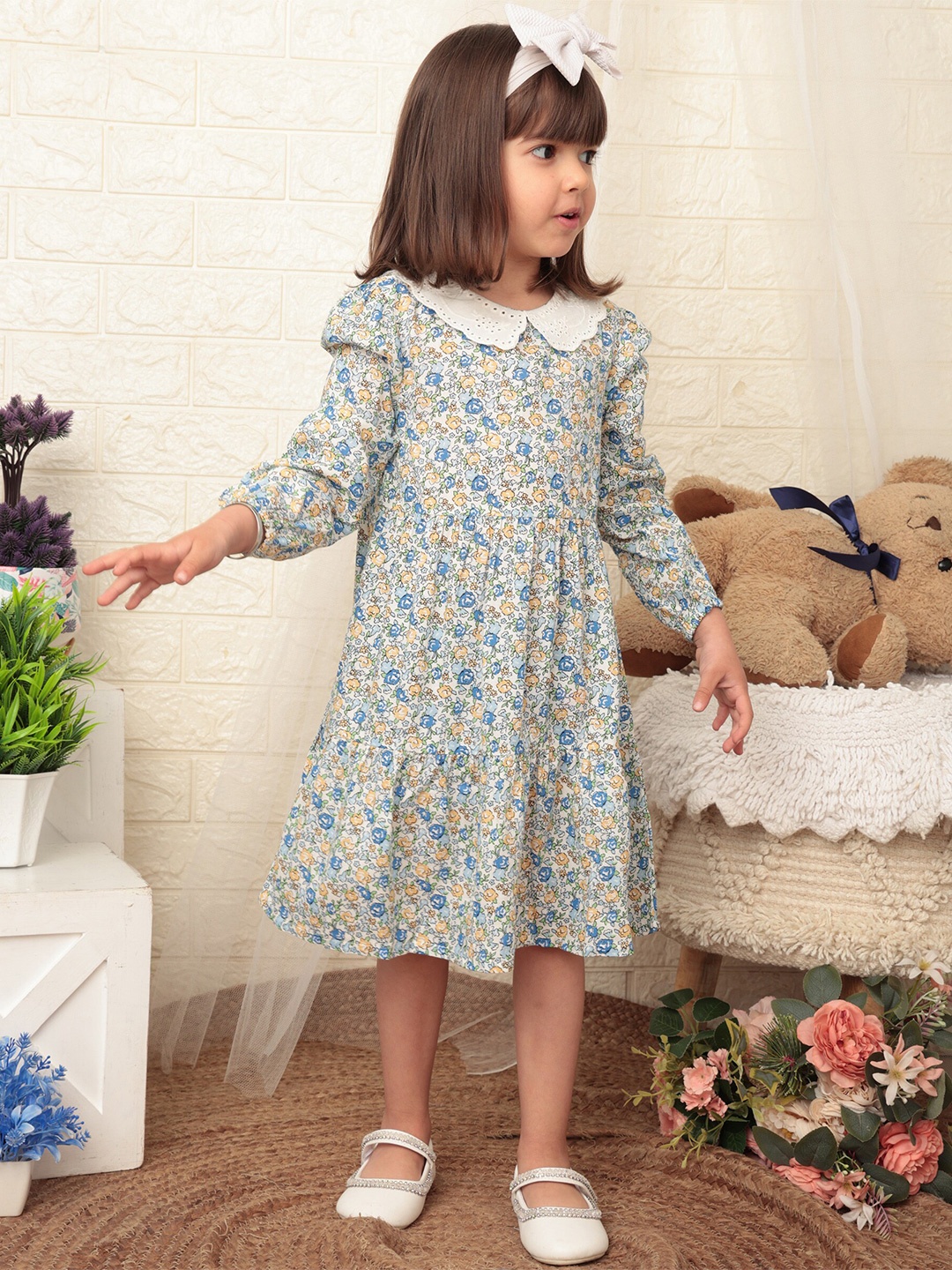 

Beebay Girls Schiffli Collar Ditsy Print Tiered Dress, Blue