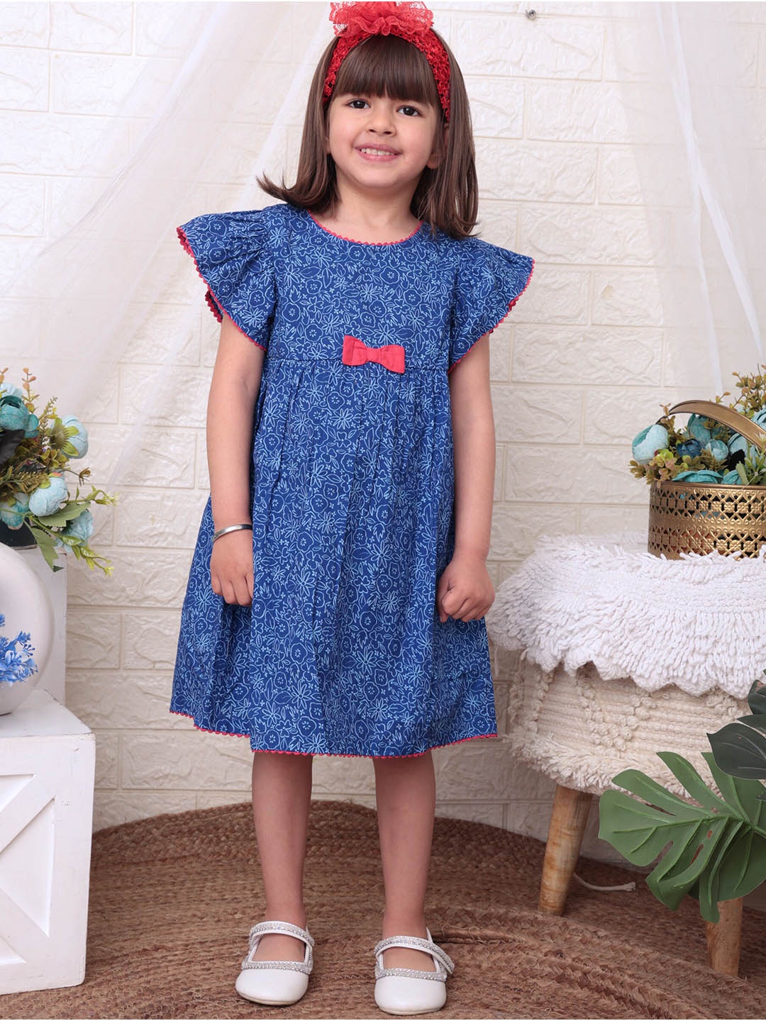 

Beebay Girls Flutter Sleeve Lace Trim and Bow Fit and Flare Dress, Blue