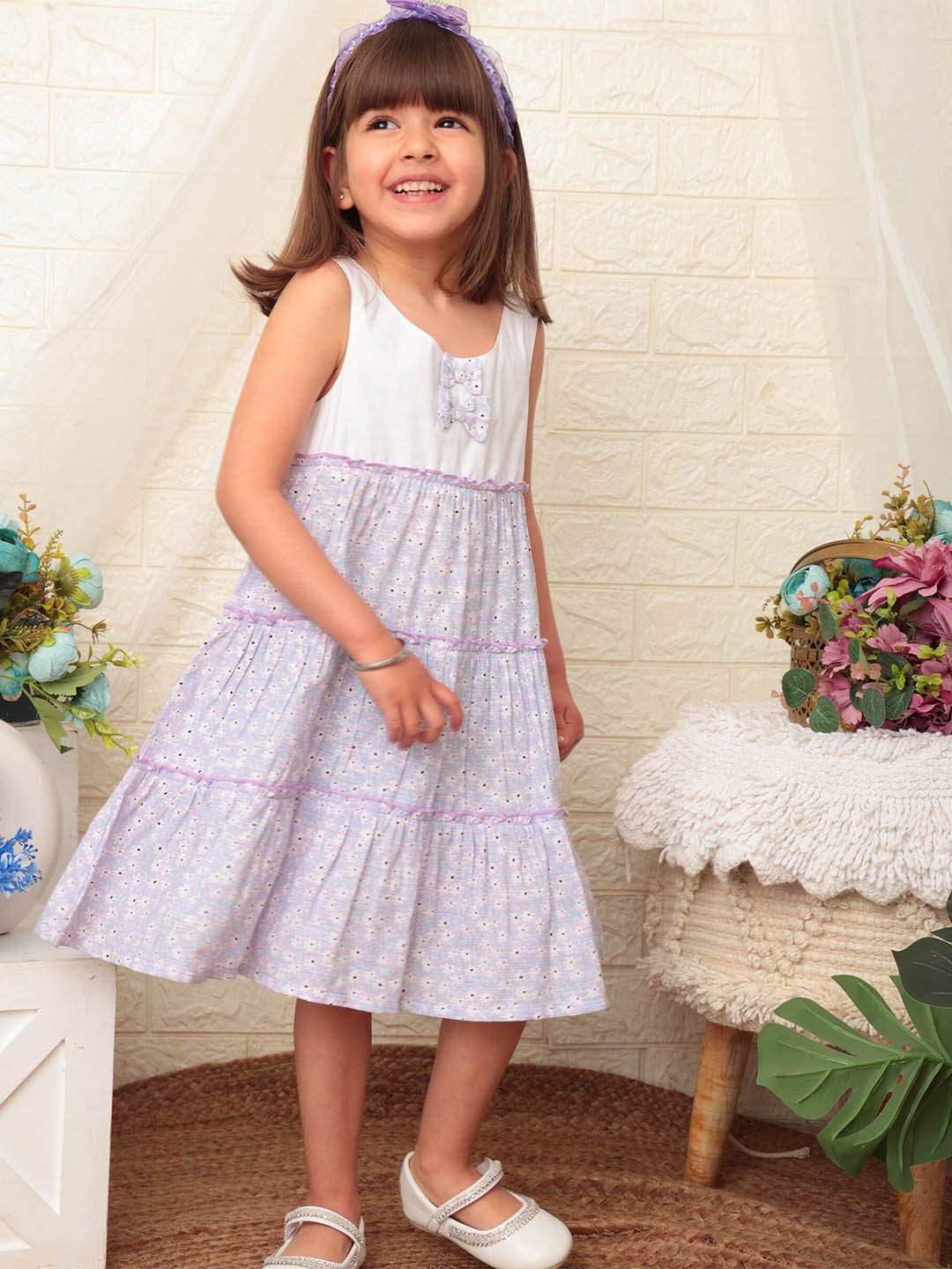 

Beebay Girls Daisy Print Tiered Dress with Bows, Purple