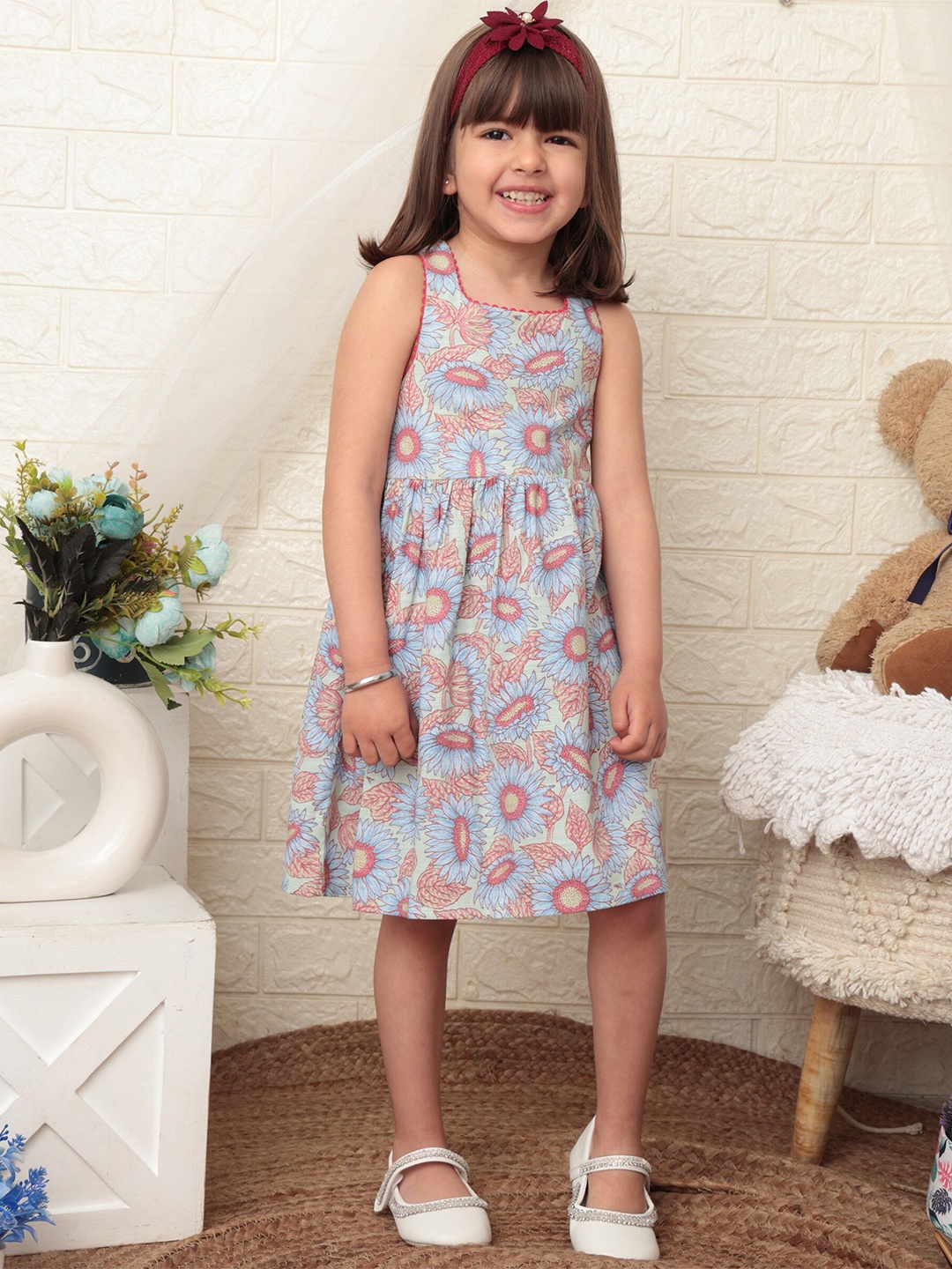 

Beebay Girls Lace Trim Back Smocked Sunflower Dress, Blue