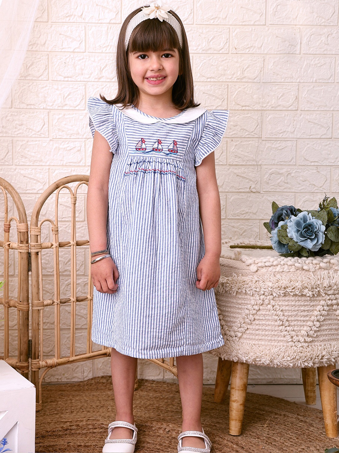 

Beebay Girls Nautical Embroidered Seersucker Stripe Dress, Blue