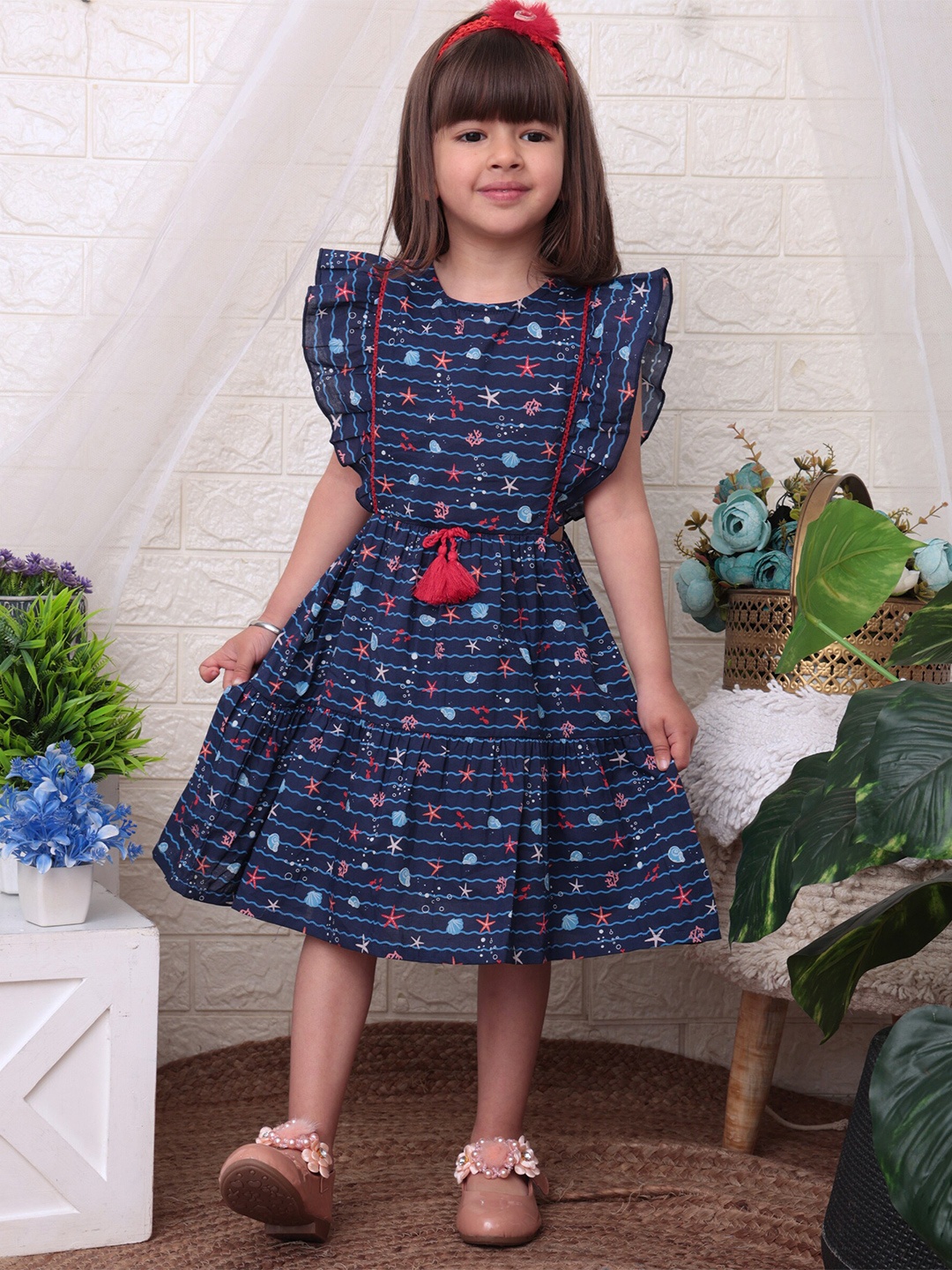 

Beebay Girls Nautical Print Cut-Out Dress with Tassle, Navy blue