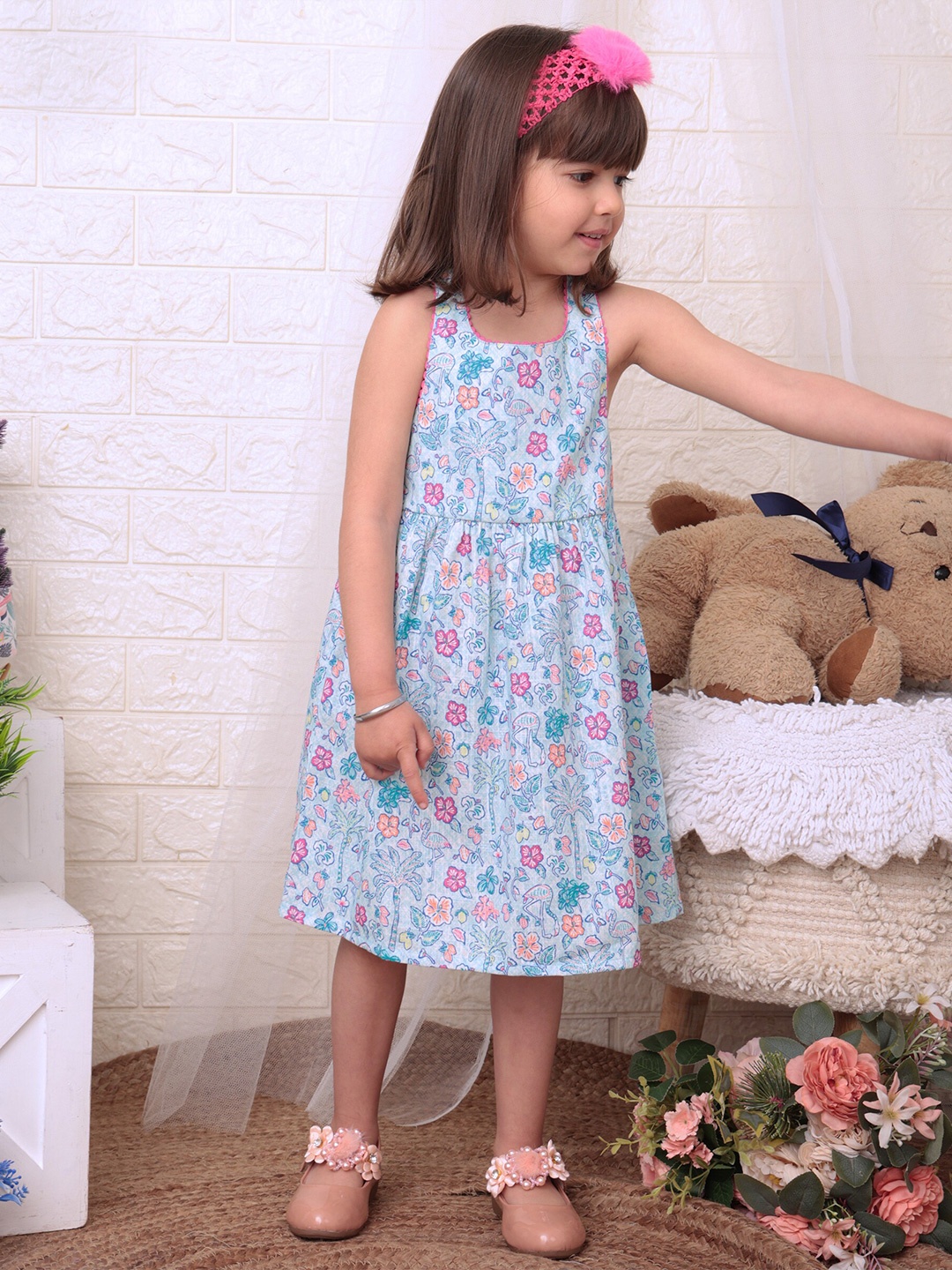 

Beebay Girls Lace Trim Back Smocked Flamingo Dress, Blue