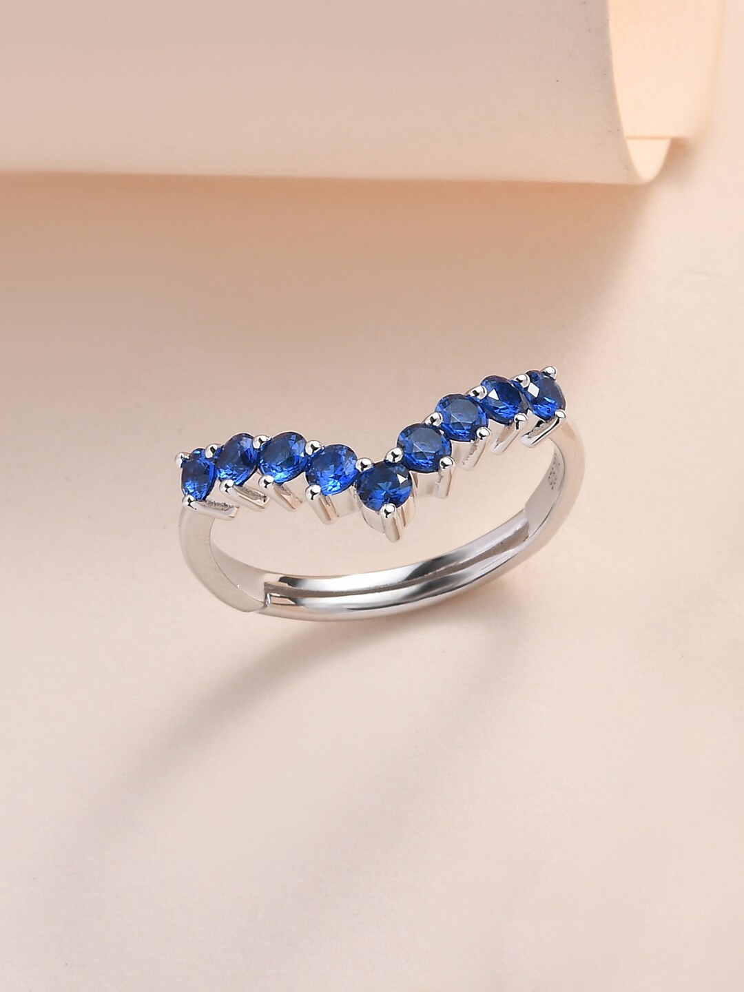 

Ornate Jewels Rhodium-Plated Adjustable AD Stone-Studded Ring, Blue