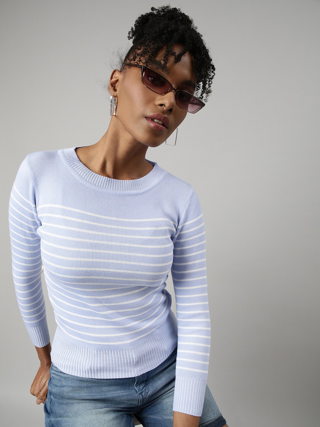 

SHOWOFF Striped Round Neck Top, Blue