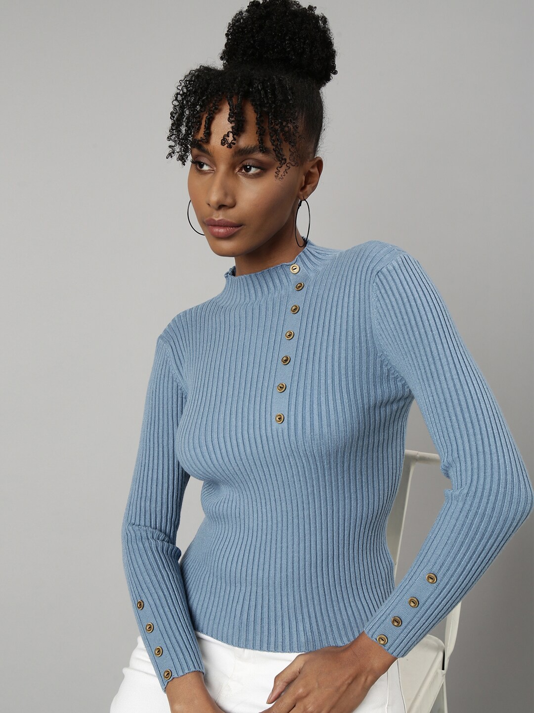 

SHOWOFF Ribbed High Neck Long Sleeves Acrylic Fitted Top, Blue