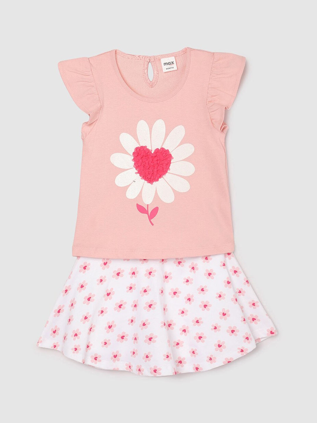 

max Girls Floral Printed Cap Sleeves Pure Cotton Night suit, Coral