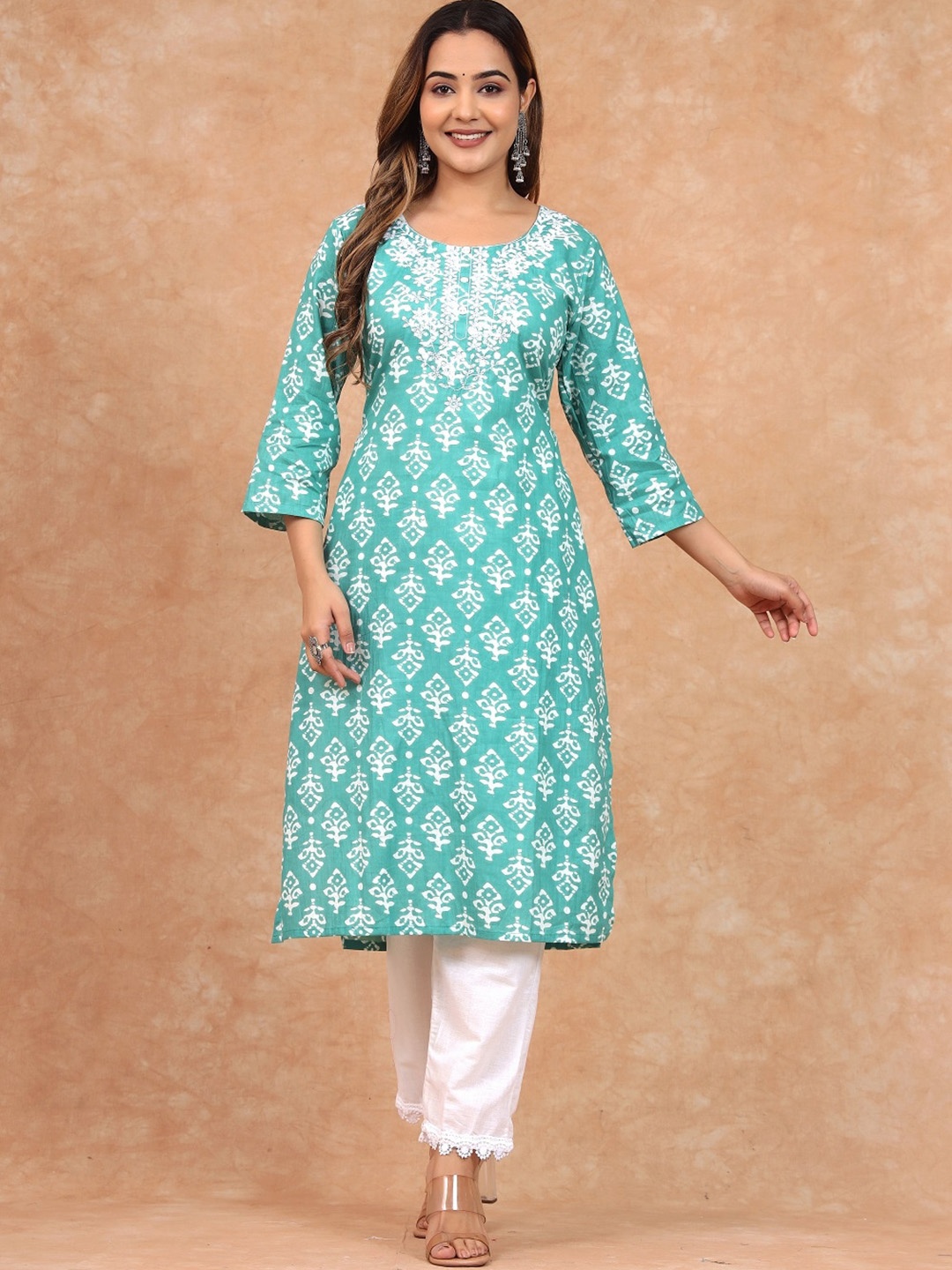 

Sangria Ethnic Motifs Printed Pure Cotton Straight Kurta With Trouser Set, Turquoise blue