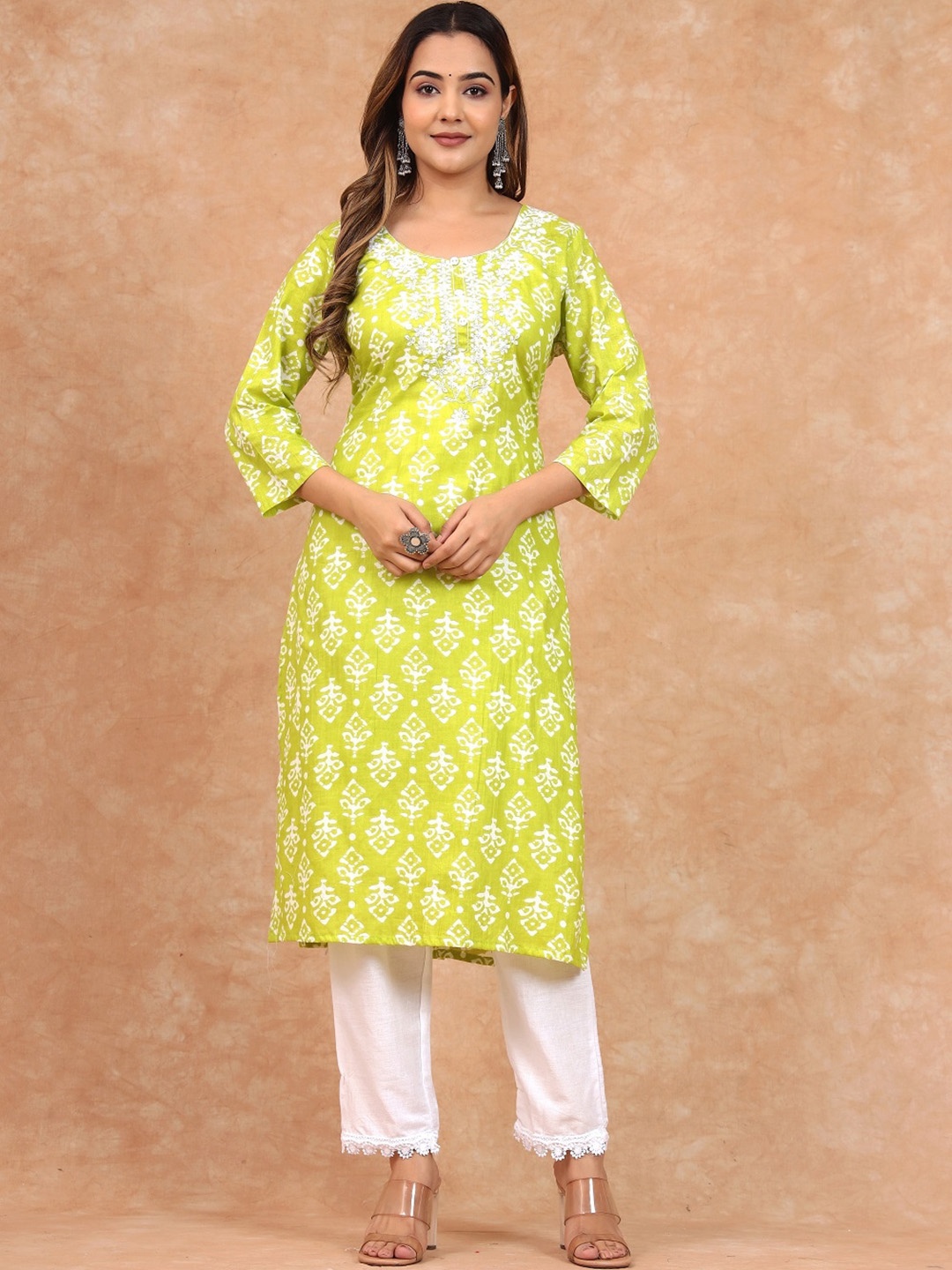 

Sangria Ethnic Motifs Printed Thread Work Pure Cotton Straight Kurta With Trouser, Lime green