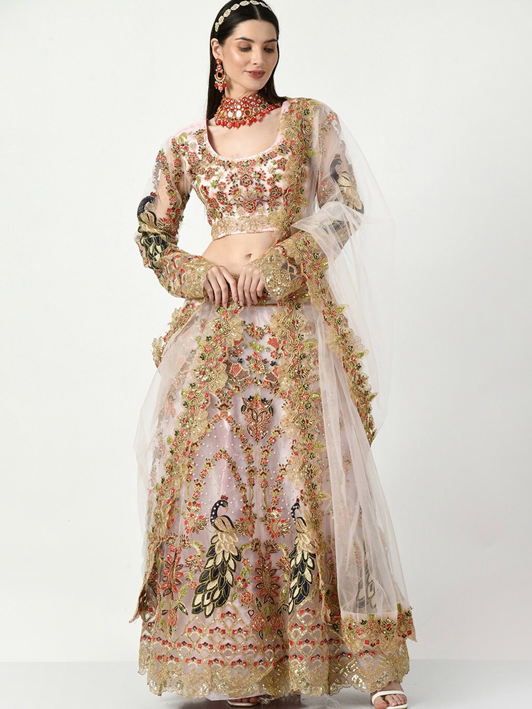 

Angroop Embroidered Sequinned Semi-Stitched Lehenga & Unstitched Blouse With Dupatta, Cream