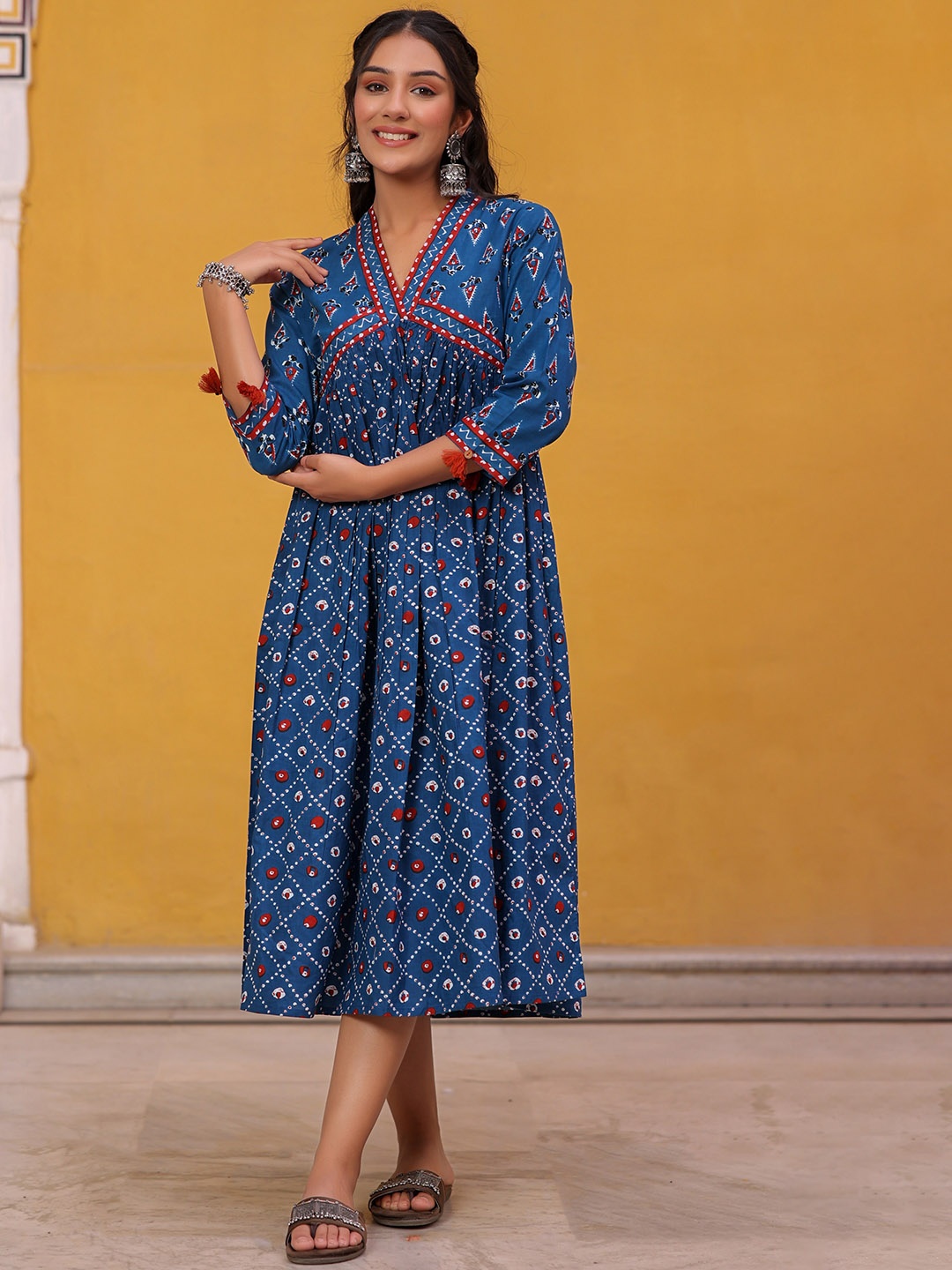 

KASYA Ethnic Motifs Printed V-Neck Cotton A-Line Ethnic Dress, Blue