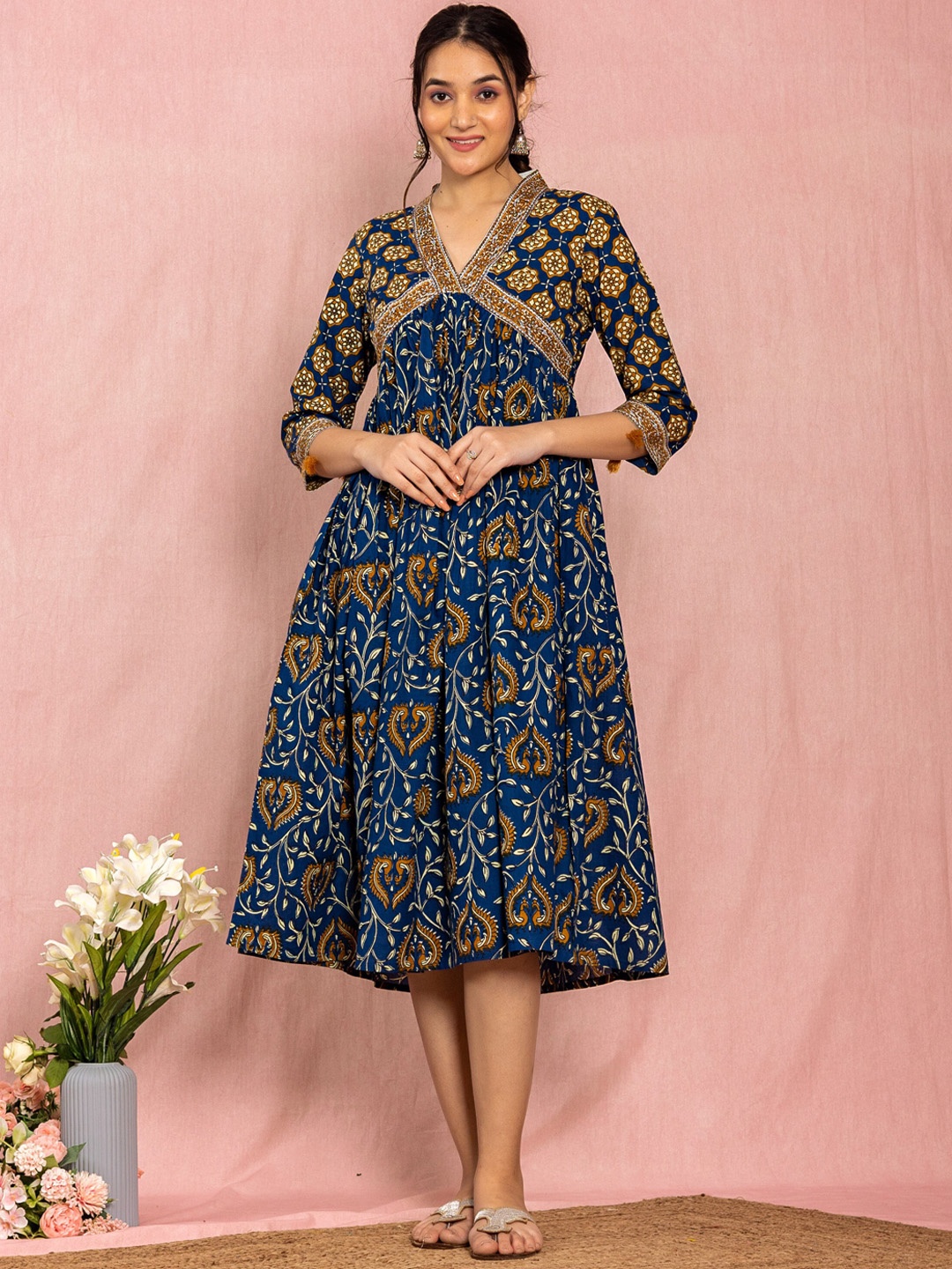 

KASYA Floral Printed Cotton Empire Midi Ethnic Dress, Blue