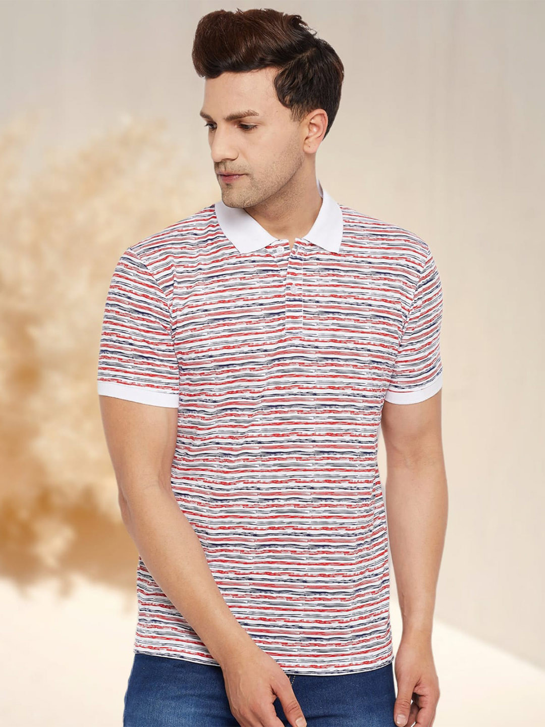 

WILD WEST Men Striped Polo Collar Pockets T-shirt, Multi