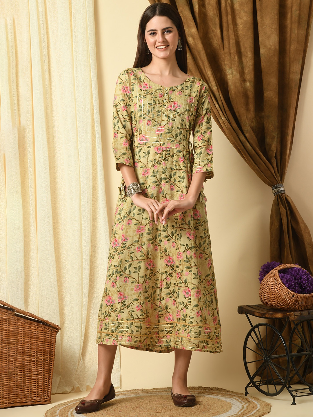 

KALINI Women Floral Printed Flared Sleeves Mirror Work Floral Anarkali Kurta, Yellow
