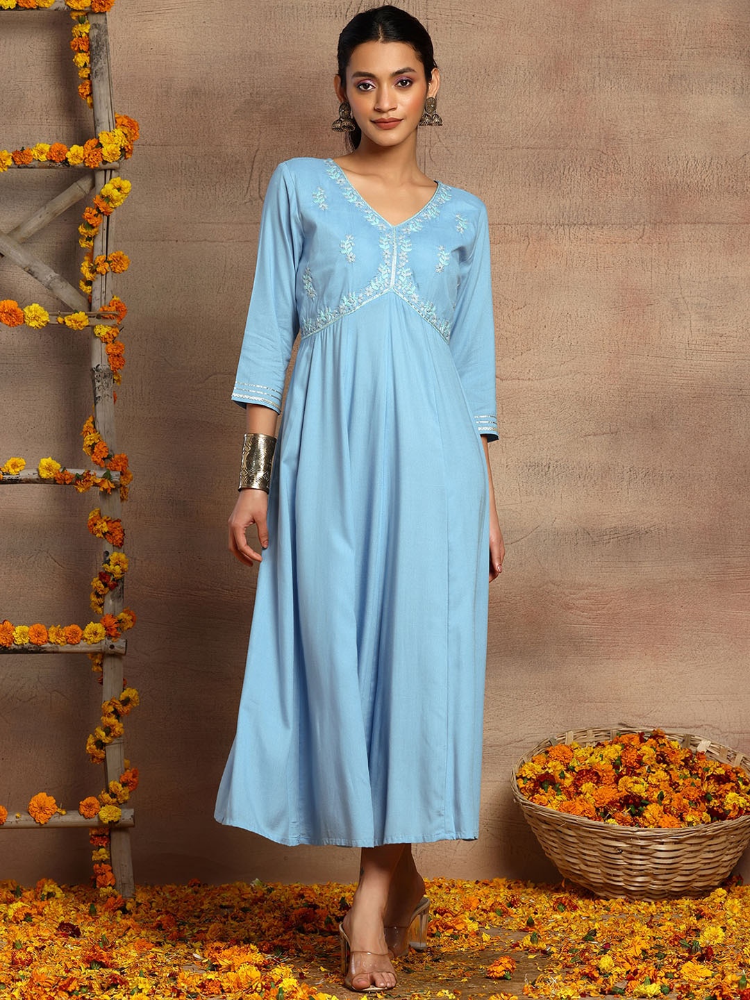 

INDYA Floral Embroidered V-Neck Empire Ethnic Dress, Blue