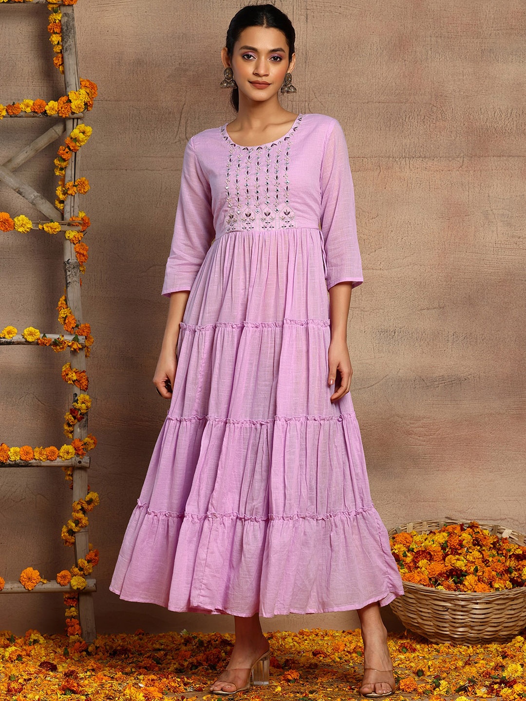 

INDYA Embroidered Cotton Tiered Ethnic Dress, Purple