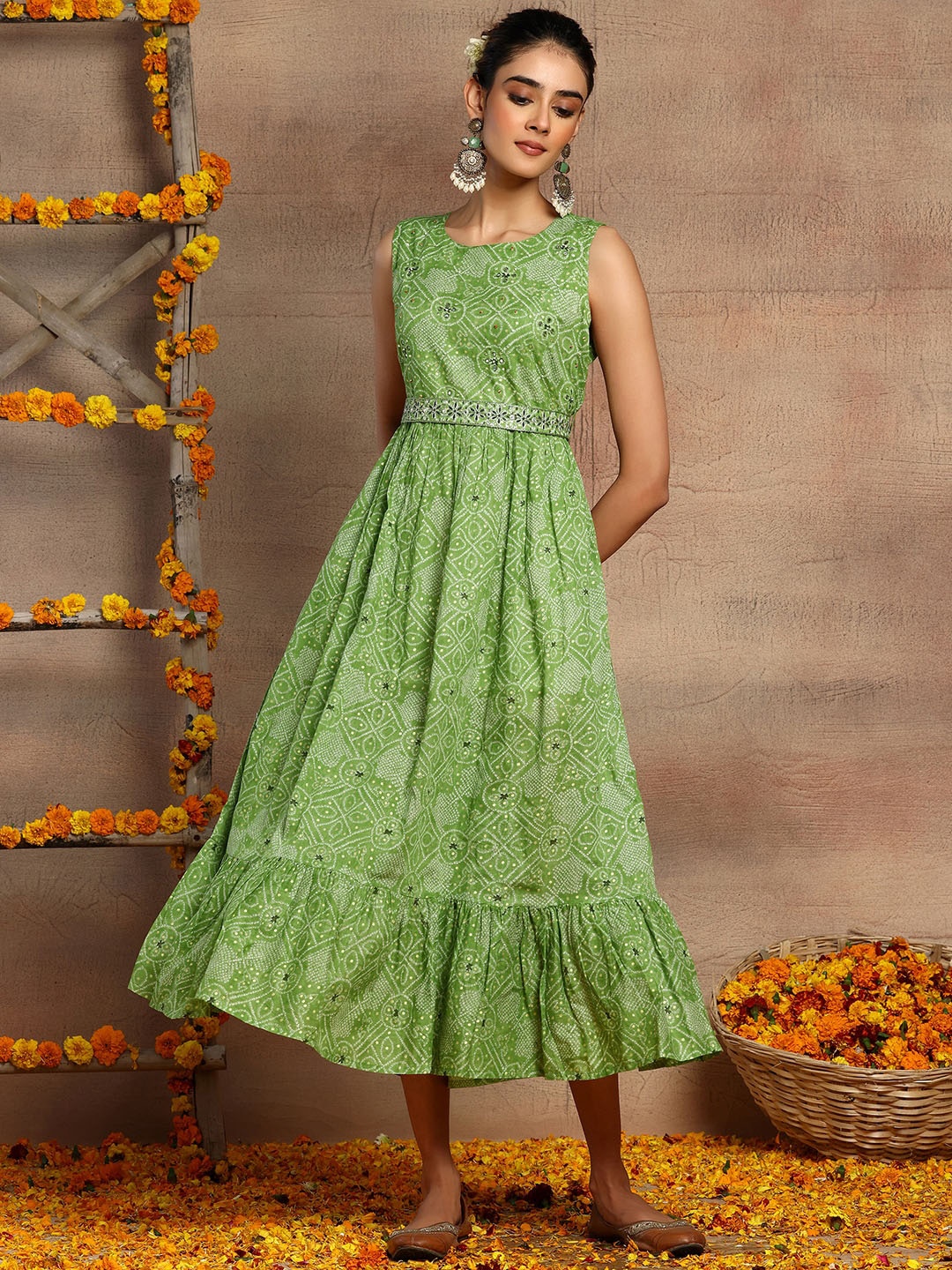 

INDYA Bandhani Printed Pure Cotton Midi Ethnic Dress Comes With Embellished Belt, Green