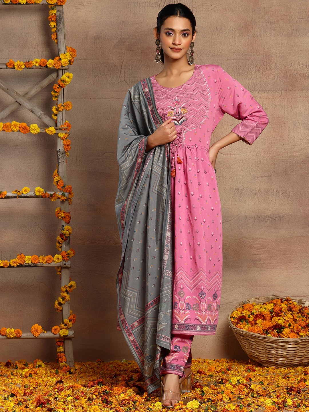 

INDYA Floral Printed Round Neck Anarkali Kurta With Trousers & Dupatta, Pink
