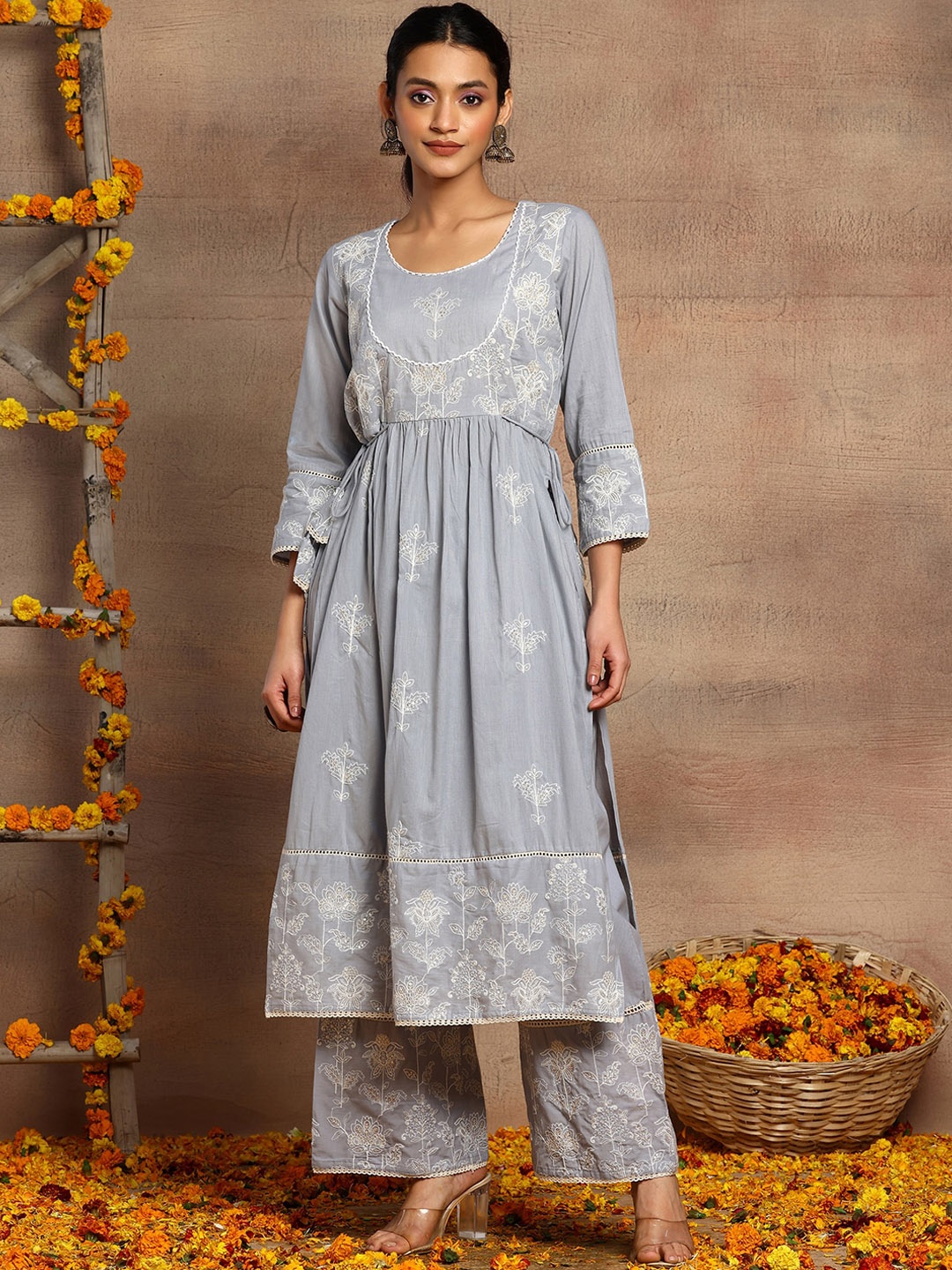 

INDYA Embroidered Pure Cotton A-Line Kurta With Palazzo Set, Blue