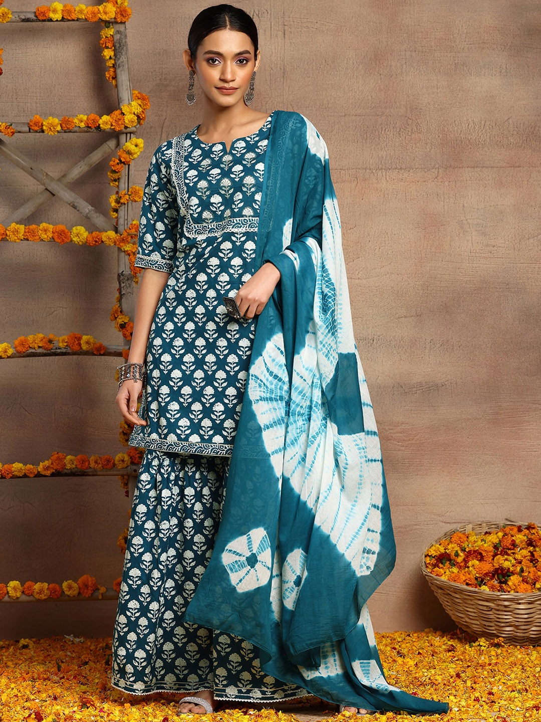 

INDYA Floral Printed Cotton Kurta With Palazzos & Dupatta, Blue