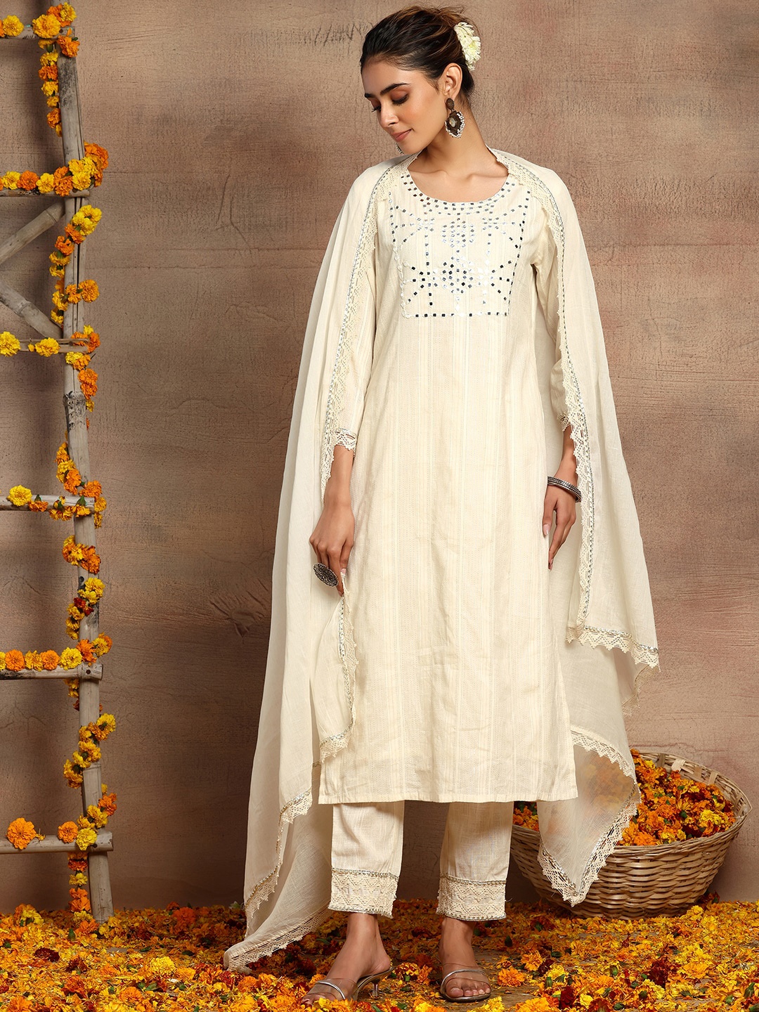 

INDYA Striped Mirror Work Pure Cotton Kurta With Trouser & Dupatta, White