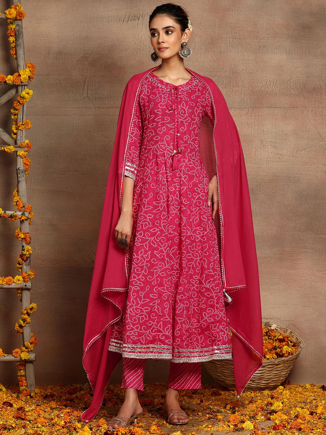

INDYA Round Neck Printed Pure Cotton Anarkali Kurta Trousers & Dupatta, Pink