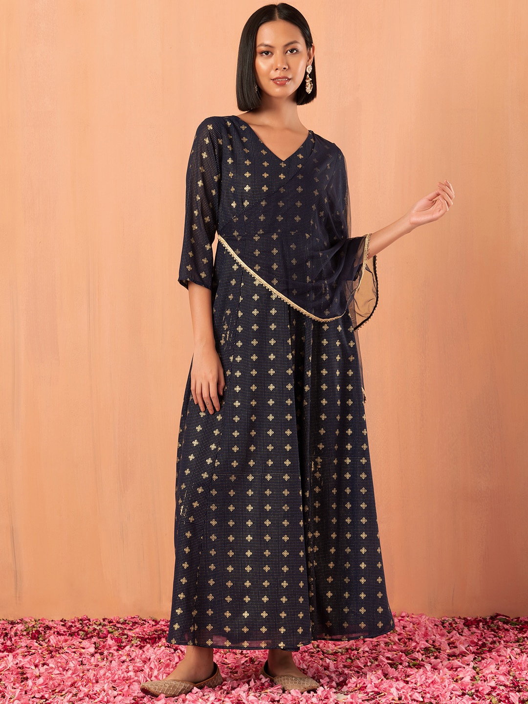 

INDYA Printed Flared Kurta With Dupatta, Navy blue